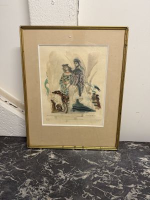 tableau représentant une femme et deux chiens sur un sol en marbre, près d'un mur