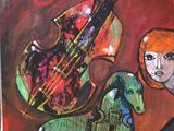 an image of a painting of a horse and a woman with a violin