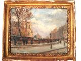 an oil painting of a street scene with a horse drawn carriage in the foreground