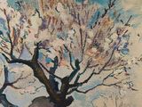 an oil painting of a tree in blossom on a sunny day