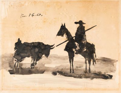 painting of a man on a horse and a cow in a field