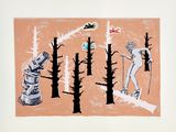 a drawing of a man on skis in the woods