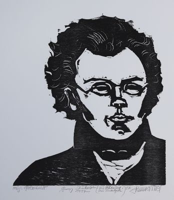 an image of a black and white drawing of a man ' s face
