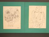 two drawings of a woman and a vase of flowers on the wall