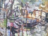 an oil painting of a boat docked in a harbor with buildings in the background