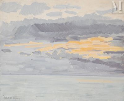 une image représentant une peinture d'un ciel nuageux au-dessus d'un plan d'eau