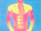a poster of a man standing in front of a blue background