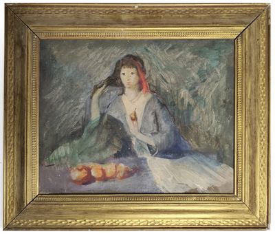 painting of a woman in a blue dress sitting on a couch
