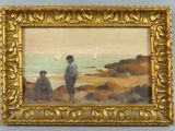 an image of a painting of two men on the beach
