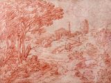 a drawing of a landscape with a church and trees