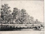 drawing of a farm scene with cows and a house in the distance