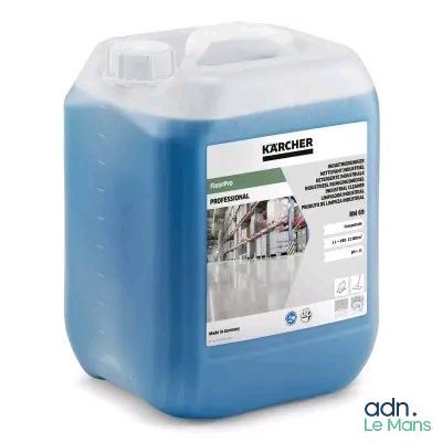 un gallon de liquide bleu posé sur une surface blanche