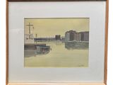 framed watercolor painting of a boat in a harbor with a city in the background