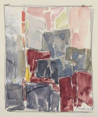 l'image d'une peinture représentant un paysage urbain avec des bâtiments à l'arrière-plan