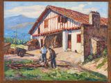 an oil painting of two men in front of a house