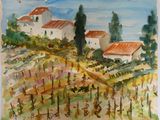 une aquarelle représentant une maison à la campagne