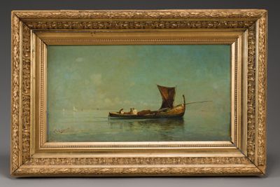 an oil painting of a boat in a body of water