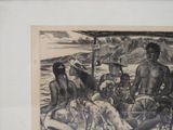 a black and white drawing of a group of people on a boat