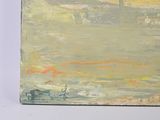 an oil painting of a boat in a body of water on a white surface