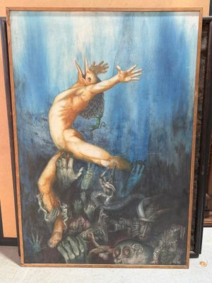 tableau représentant un homme nu tendant la main vers un poisson dans l'océan