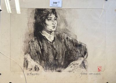 ASIE. Lot de trois encadrements dont un portrait de femme ja…