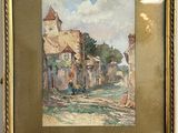 tableau représentant une scène de village avec un homme marchant sur la route