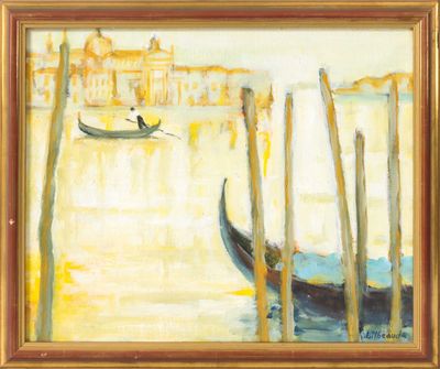 an oil painting of a gondola on the water with buildings in the background