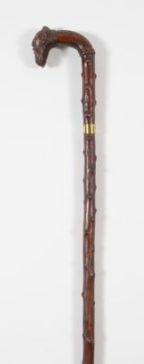 Canne décorative à fût en bois naturel, pommeau crosse sculpté d'un vi - Photo 1