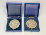 two silver medals are in a blue box on a white surface