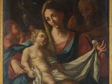 une peinture à l'huile représentant une femme tenant un enfant sur ses genoux