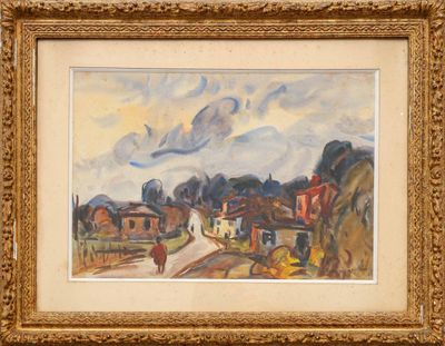 an image of a painting of a road with houses in the background
