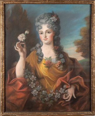painting of a woman holding a flower in her right hand and a bird in her other hand