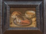 a painting of a cat sitting on a plate next to a bowl of food