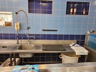 a kitchen with a sink, counter, and a trash can in it