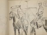 drawing of two men riding on horses in a drawing book