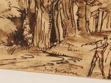 drawing of a man and a dog in a wooded area
