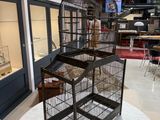 une cage à oiseaux posée sur une table dans une pièce