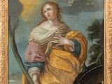 un tableau représentant une femme en robe jaune tenant une épée
