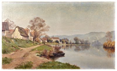 un tableau représentant une rivière sur laquelle navigue un bateau