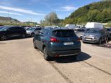 many cars parked in a parking lot with a dog on a leash