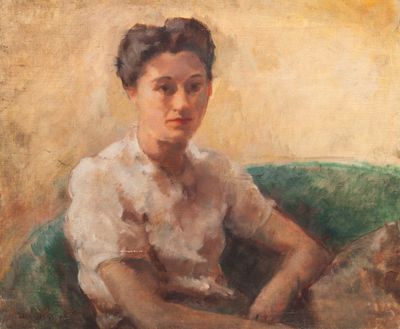 l'image d'un tableau représentant une femme assise sur un canapé