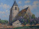 un tableau représentant une église avec un clocher et une tour à horloge