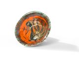 une assiette orange et verte sur laquelle est représenté un coq