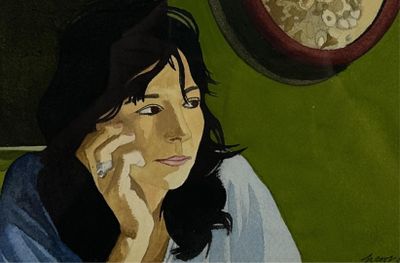 a painting of a woman talking on a cell phone