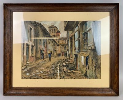 tableau encadré représentant une scène de rue avec des passants