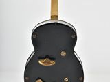 an image of a black and gold guitar on a white background
