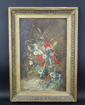 une image d'une peinture de fleurs dans un vase sur une table