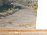 a picture of a painting of a road going through the woods