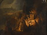 a painting of a group of people sitting around a manger