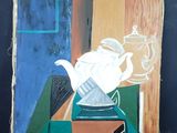 une peinture représentant une théière posée sur une table près d'une fenêtre